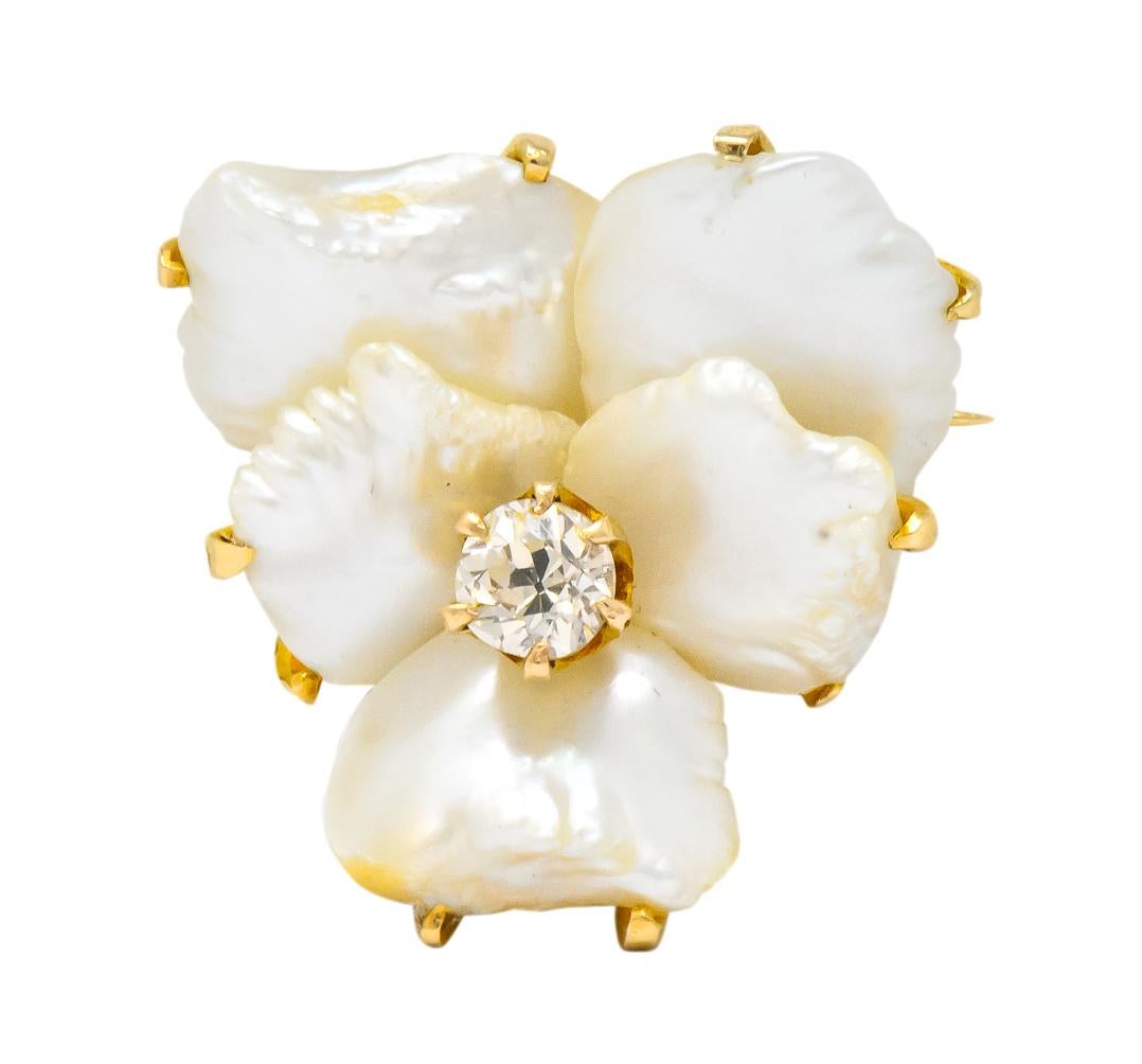 Art Nouveau Diamond Baroque Pearl 14 Karat Gold Pansy Flower Pendant Brooch 4