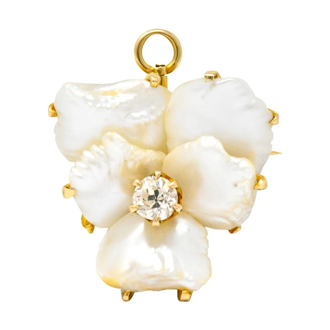 Art Nouveau Diamond Baroque Pearl 14 Karat Gold Pansy Flower Pendant Brooch