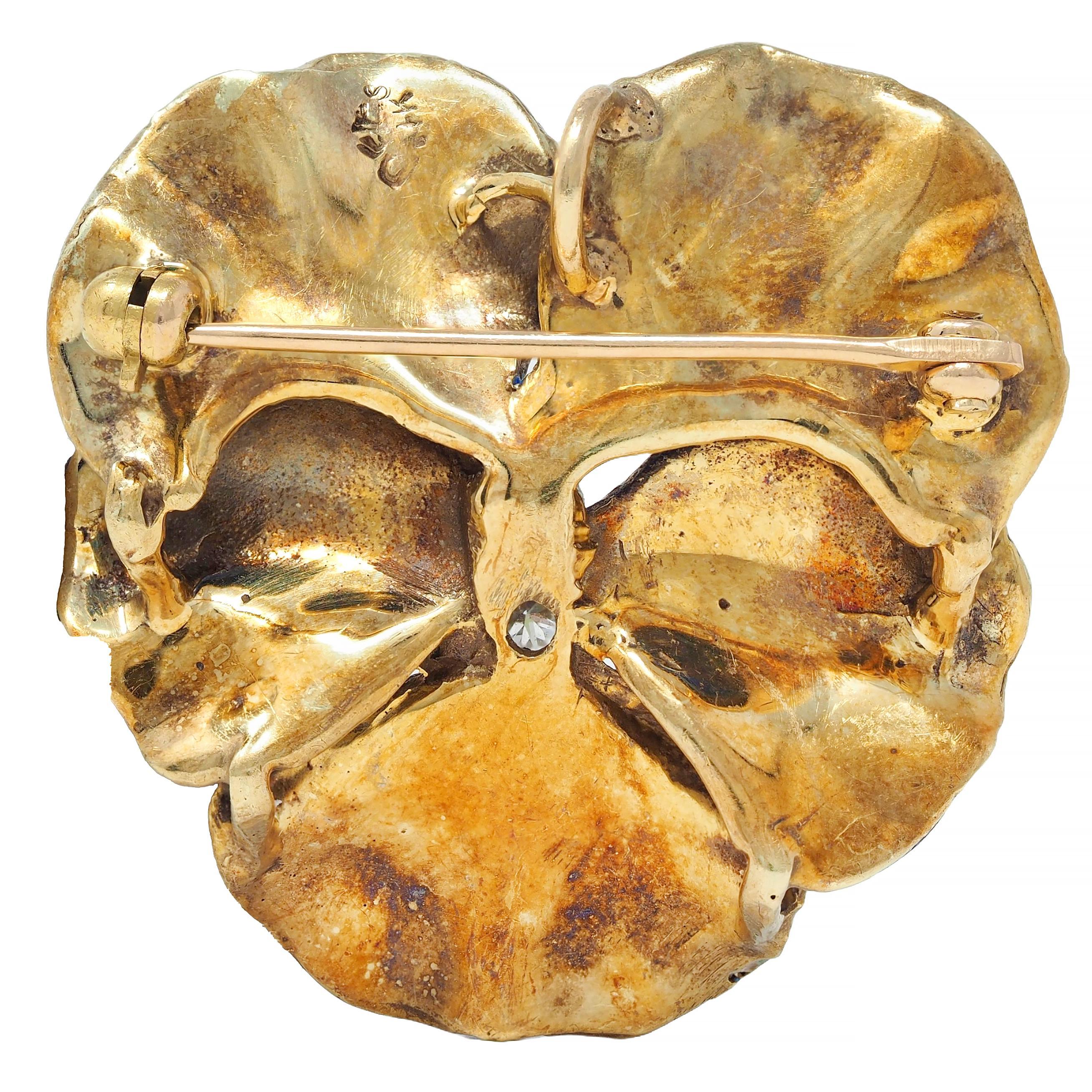 Round Cut Art Nouveau Diamond Blue Enamel 14K Yellow Gold Antique Pansy Pendant Brooch