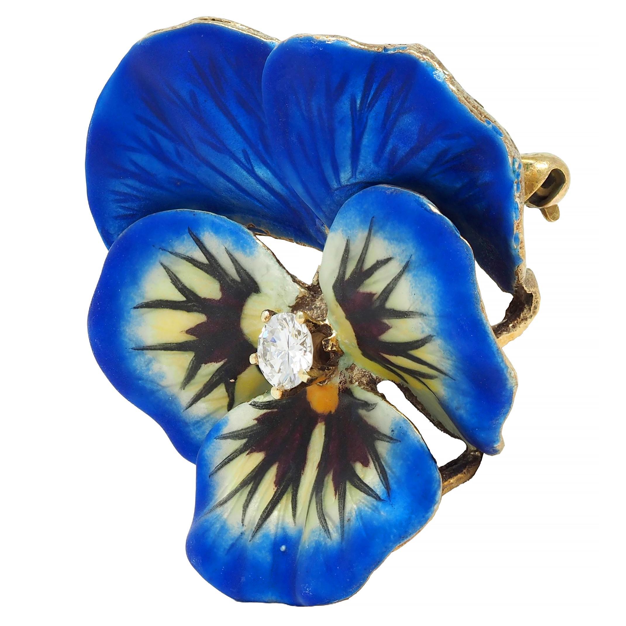 Art Nouveau Diamond Blue Enamel 14K Yellow Gold Antique Pansy Pendant Brooch In Excellent Condition In Philadelphia, PA