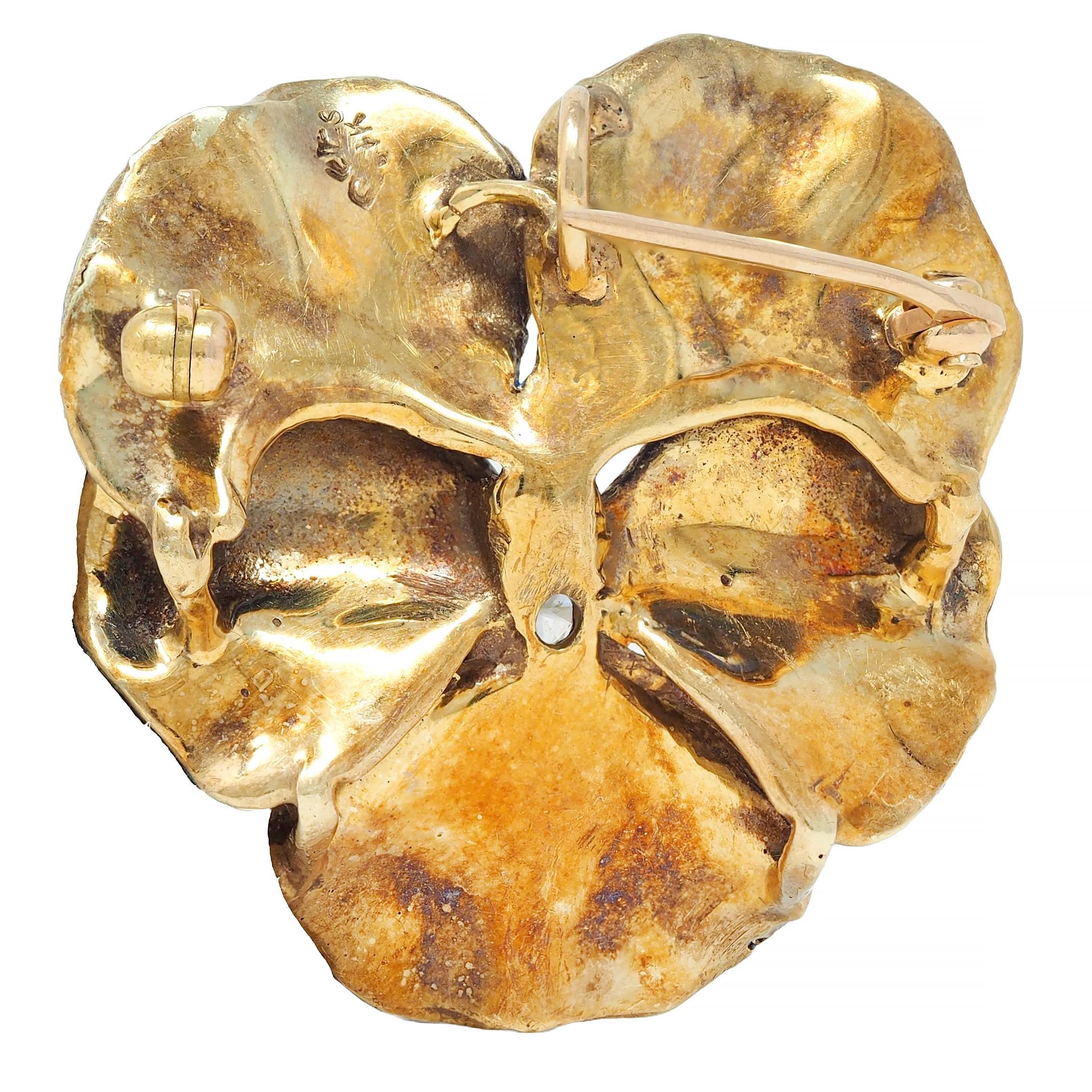 Women's or Men's Art Nouveau Diamond Blue Enamel 14K Yellow Gold Antique Pansy Pendant Brooch
