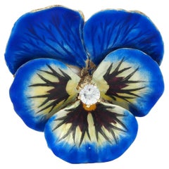 Art Nouveau Diamond Blue Enamel 14K Yellow Gold Antique Pansy Pendant Brooch