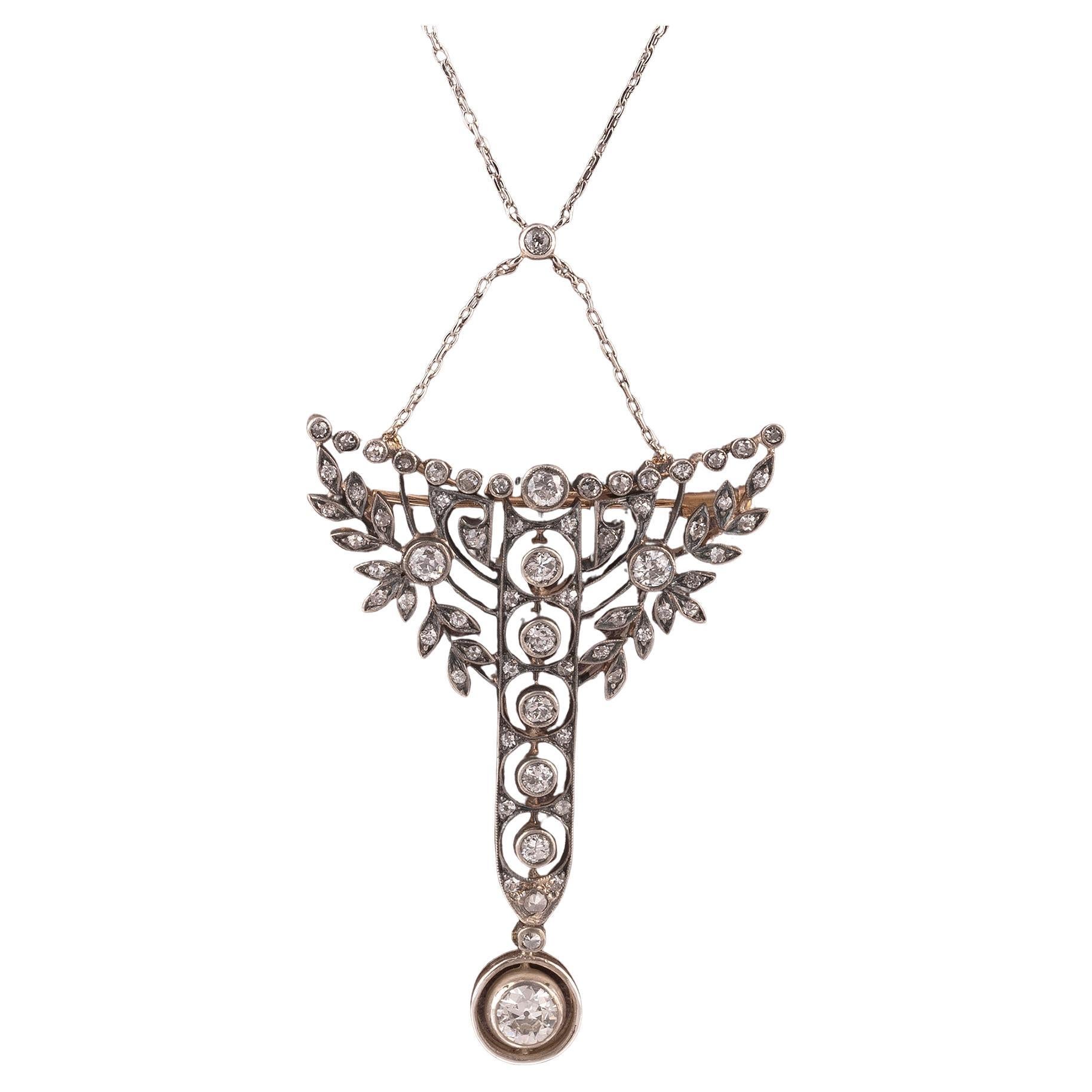 Taglio antico europeo Spilla/pendente in stile Art Nouveau con diamanti, circa 1900 in vendita