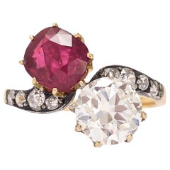Art Nouveau Diamond Burma Ruby "Toi Et Moi" Engagement Ring