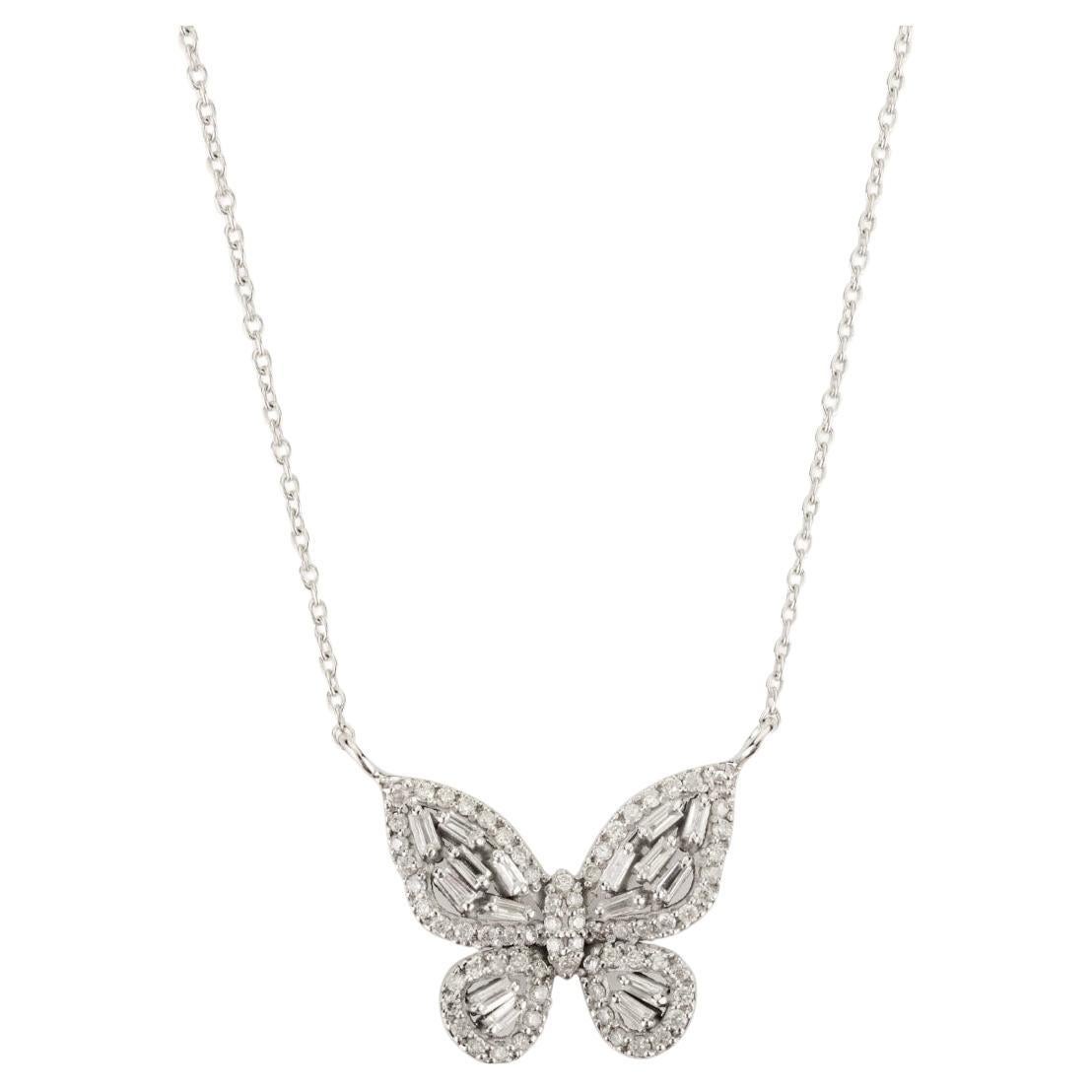 Art Nouveau Diamond Butterfly Pendant Necklace in 14k White Gold Jewelry Gift