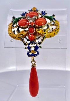 Jugendstil Diamant-Koralle-Emaille-Brosche/Anhänger 18K
