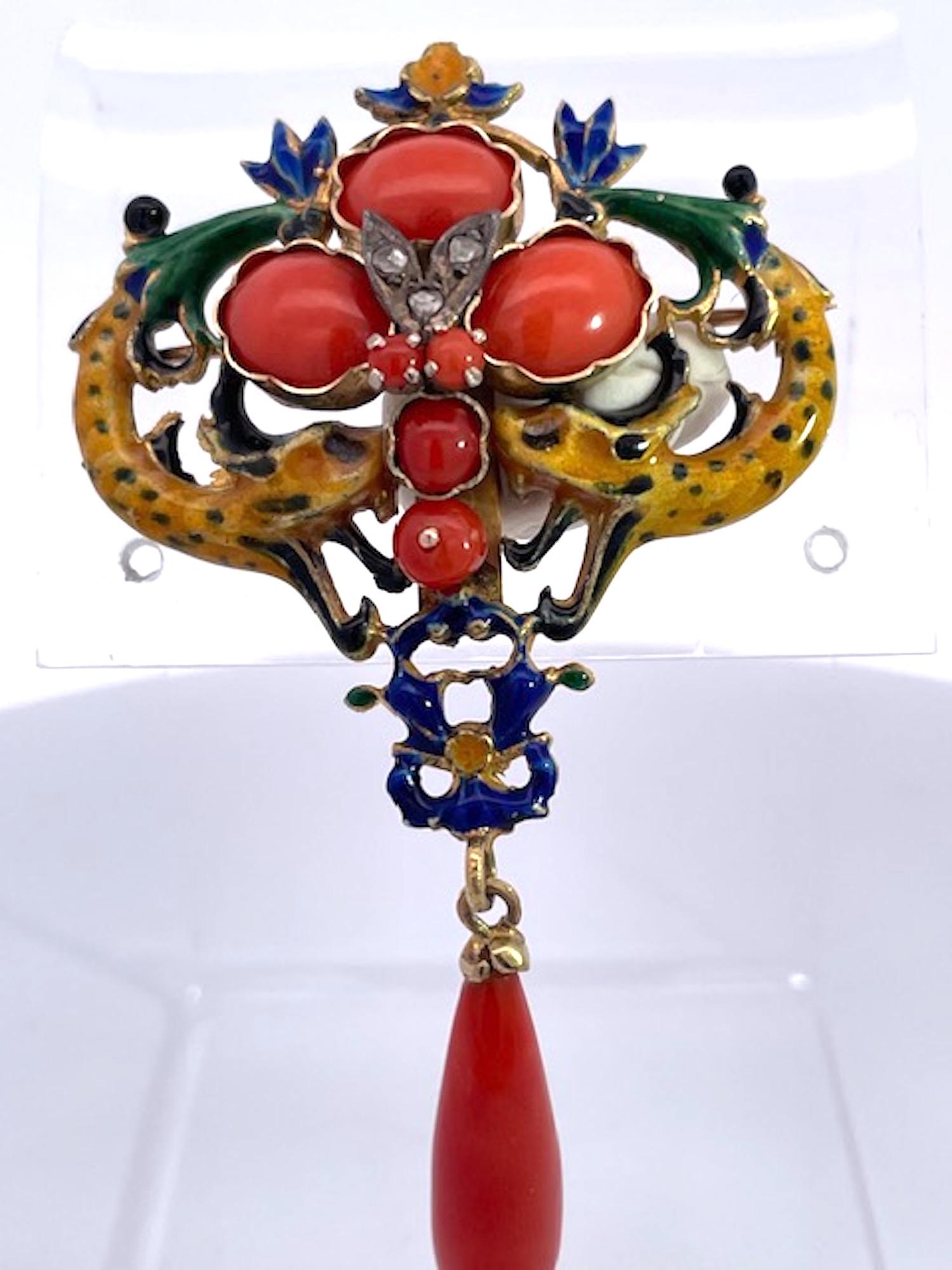 Art Nouveau Diamante Coral Esmalte Broche/Colgante 18K en Excelente estado para la venta en North Hollywood, CA