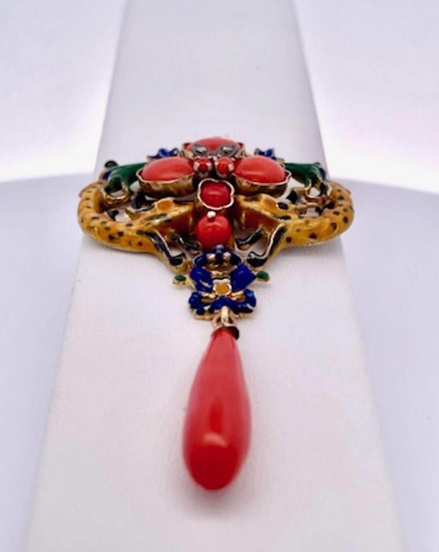 Femenino o masculino Art Nouveau Diamante Coral Esmalte Broche/Colgante 18K en venta