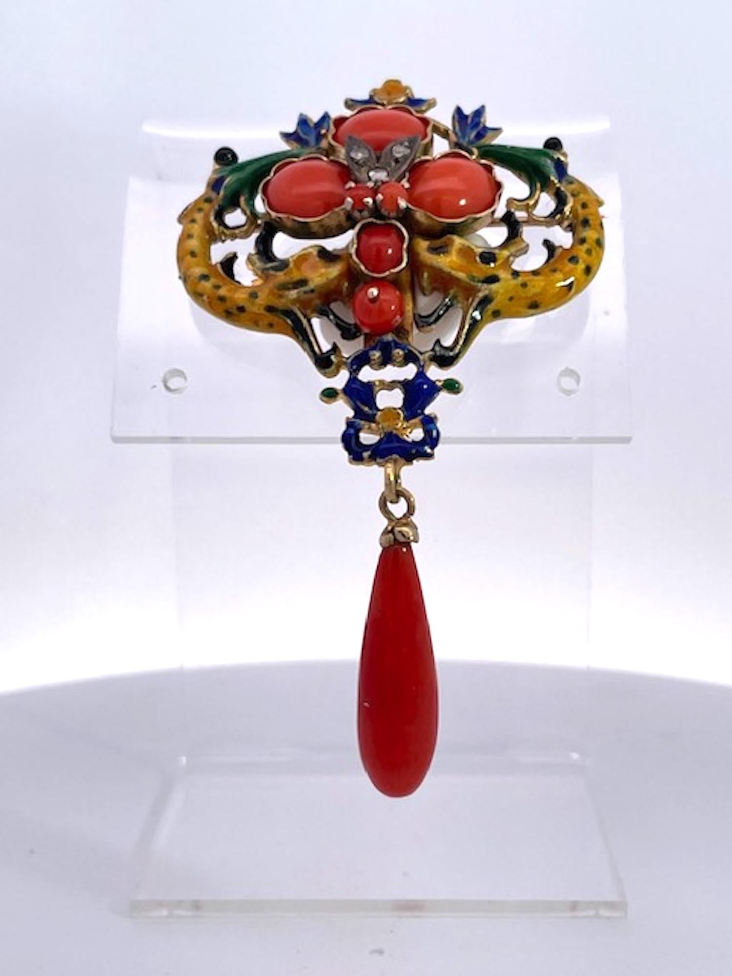 Art Nouveau Diamante Coral Esmalte Broche/Colgante 18K en venta 1