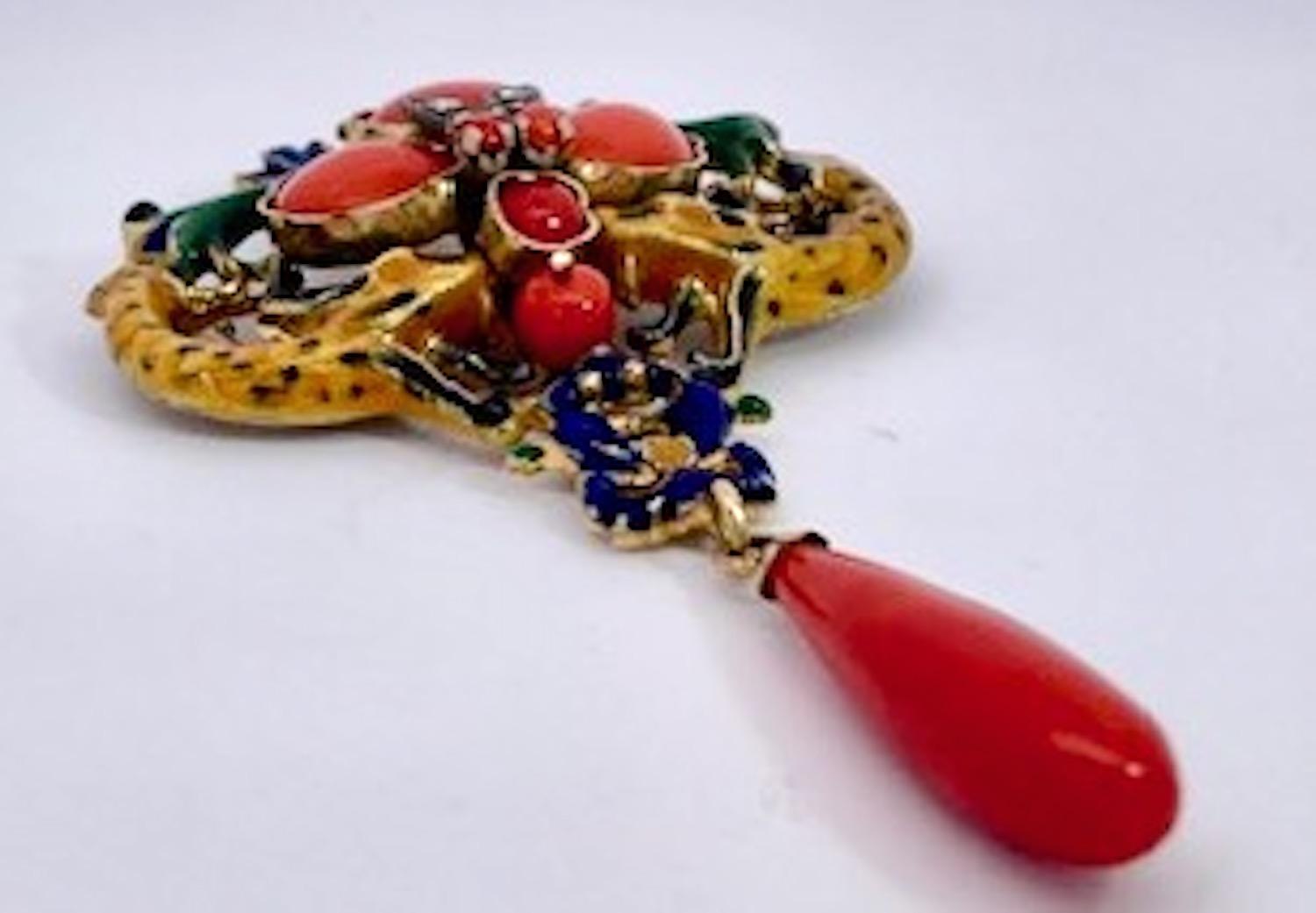 Art Nouveau Diamante Coral Esmalte Broche/Colgante 18K en venta 2