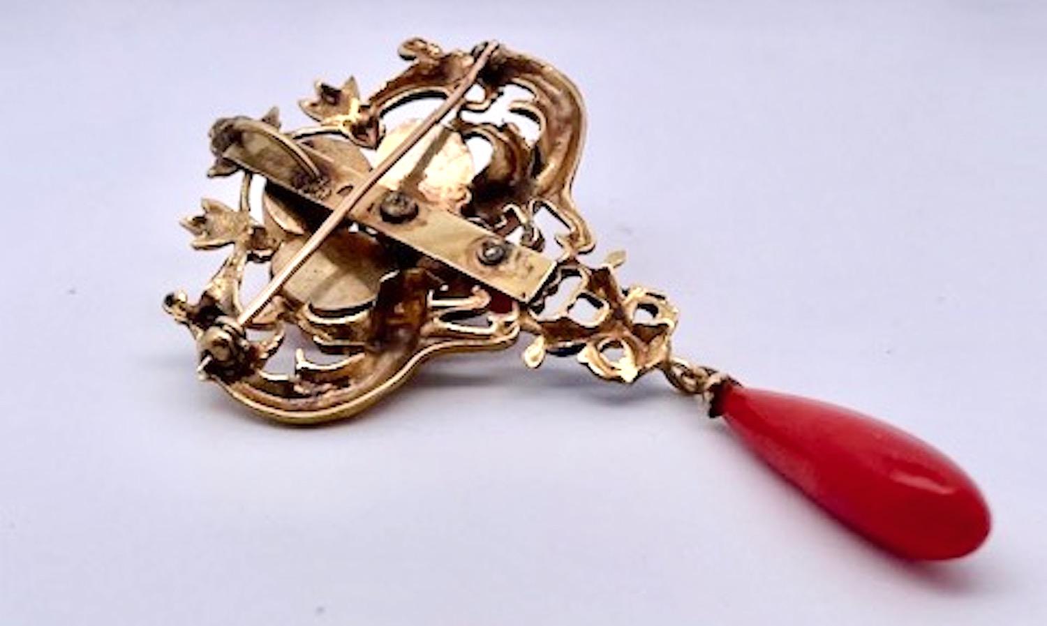 Art Nouveau Diamante Coral Esmalte Broche/Colgante 18K en venta 3
