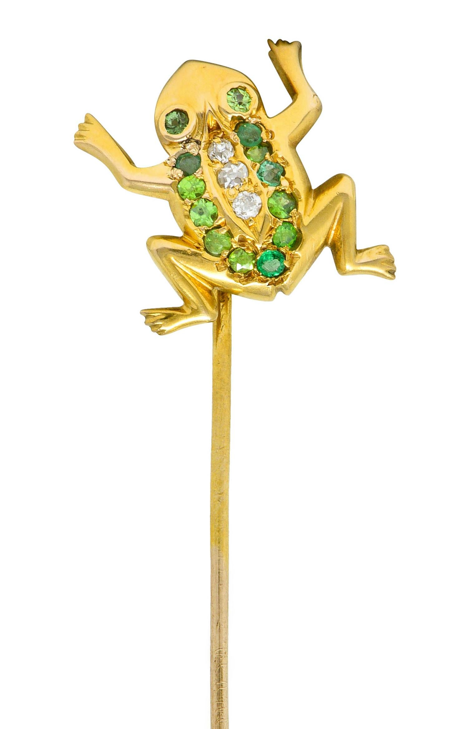 Brilliant Cut Art Nouveau Diamond Demantoid Garnet 14 Karat Gold Frog Stickpin For Sale