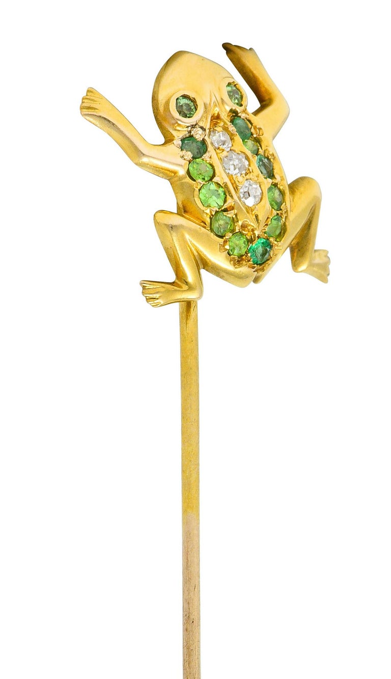 Art Nouveau Diamond Demantoid Garnet 14 Karat Gold Frog Stickpin In Excellent Condition For Sale In Philadelphia, PA