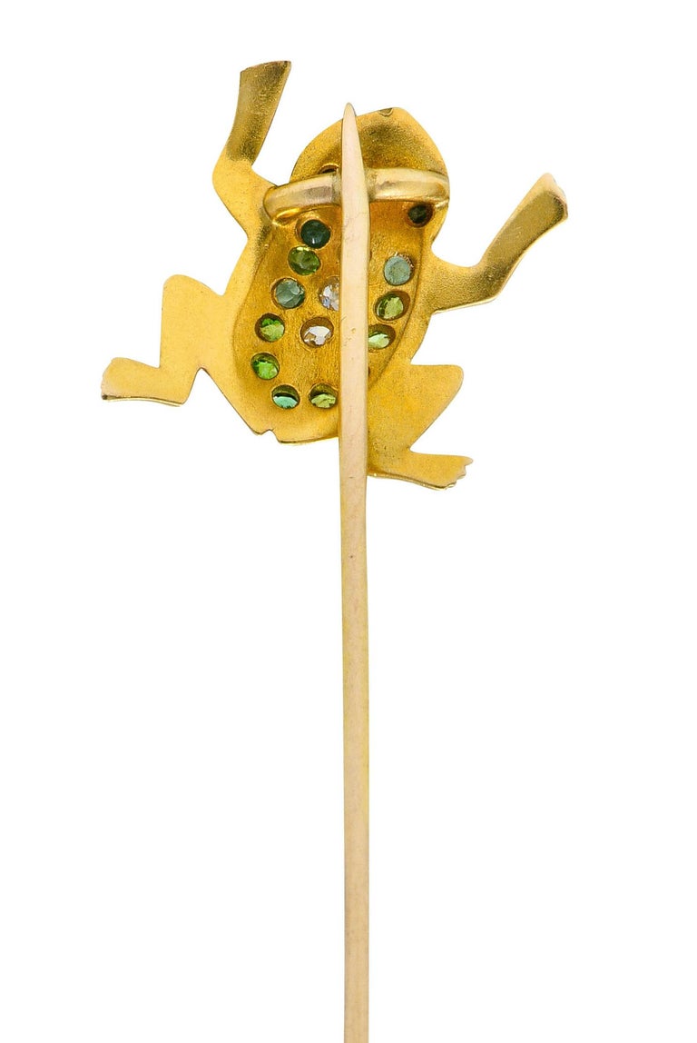 Women's or Men's Art Nouveau Diamond Demantoid Garnet 14 Karat Gold Frog Stickpin For Sale