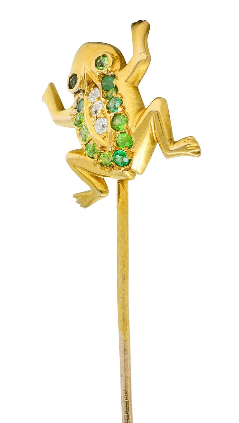 Art Nouveau Diamond Demantoid Garnet 14 Karat Gold Frog Stickpin For Sale 1