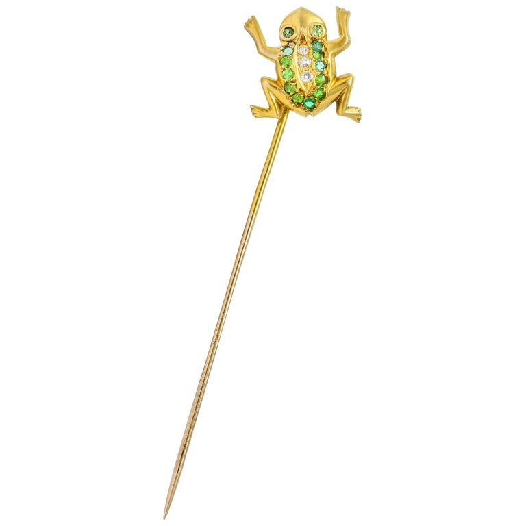 Art Nouveau Diamond Demantoid Garnet 14 Karat Gold Frog Stickpin For Sale