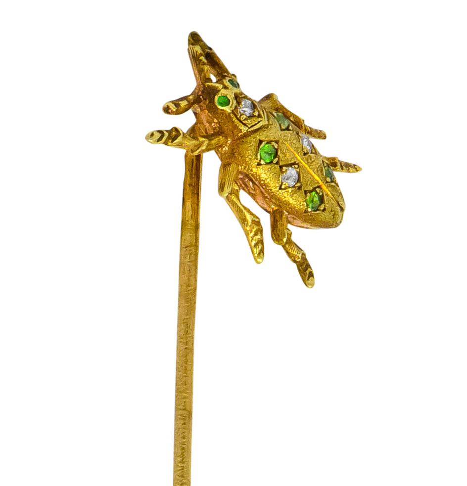 Art Nouveau Diamond Demantoid Garnet 14 Karat Gold Insect Bug Stickpin In Excellent Condition For Sale In Philadelphia, PA