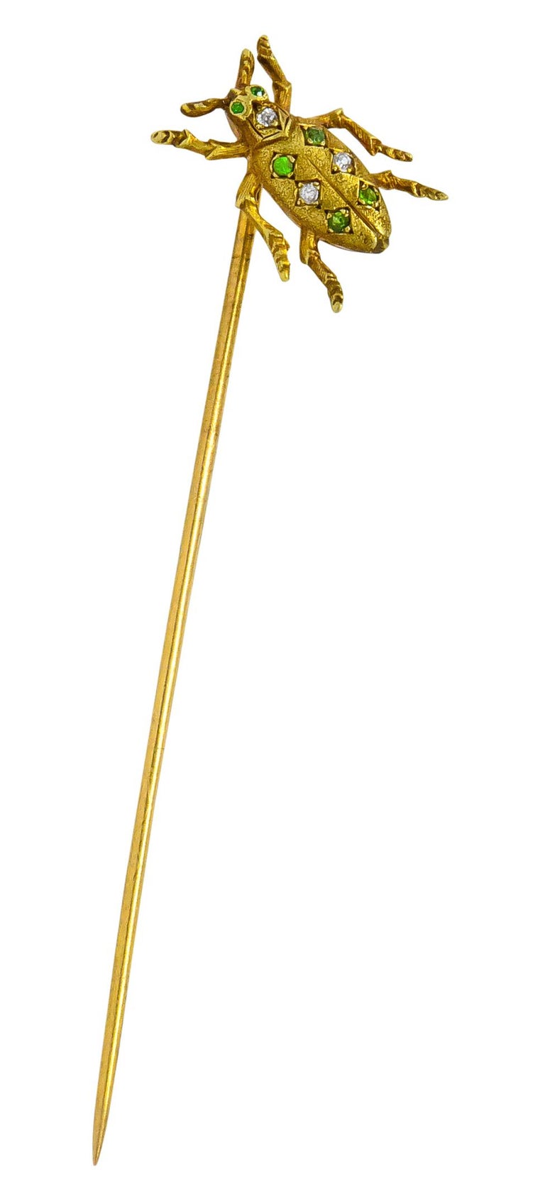Art Nouveau Diamond Demantoid Garnet 14 Karat Gold Insect Bug Stickpin For Sale 1