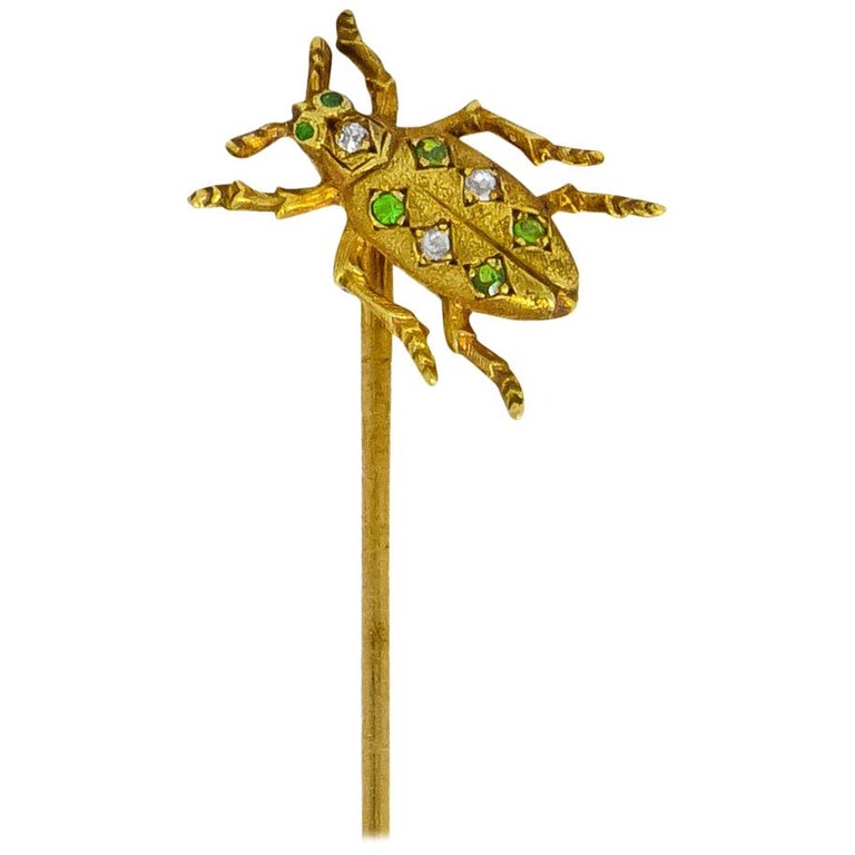 Art Nouveau Diamond Demantoid Garnet 14 Karat Gold Insect Bug Stickpin For Sale