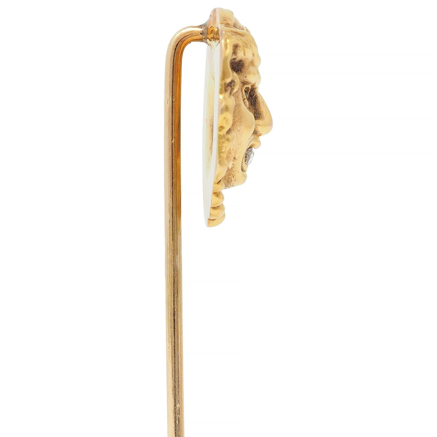 Single Cut Art Nouveau Diamond Demantoid Garnet 14 Karat Yellow Gold Gorgon Stickpin For Sale