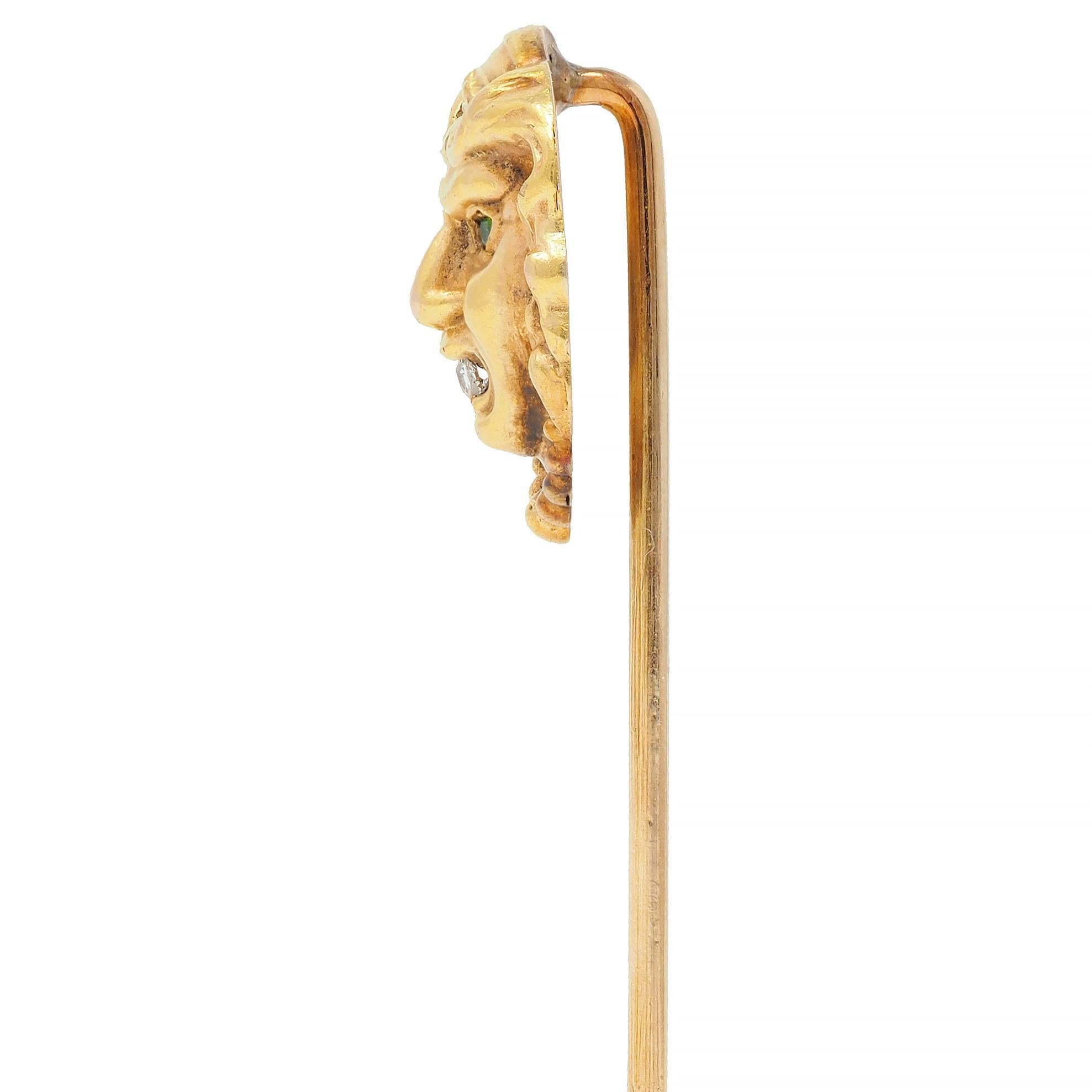 Women's or Men's Art Nouveau Diamond Demantoid Garnet 14 Karat Yellow Gold Gorgon Stickpin For Sale
