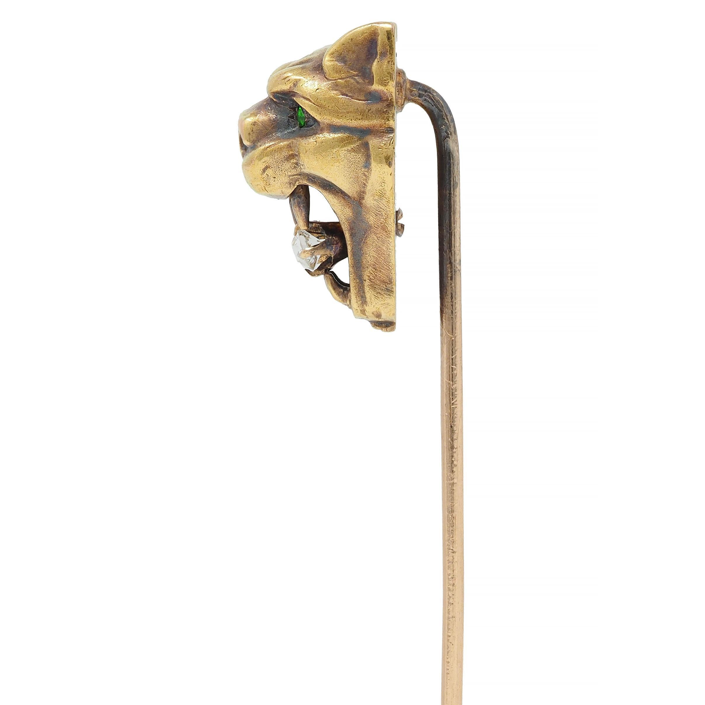 Women's or Men's Art Nouveau Diamond Demantoid Garnet 14 Karat Yellow Gold Lion Antique Stickpin For Sale