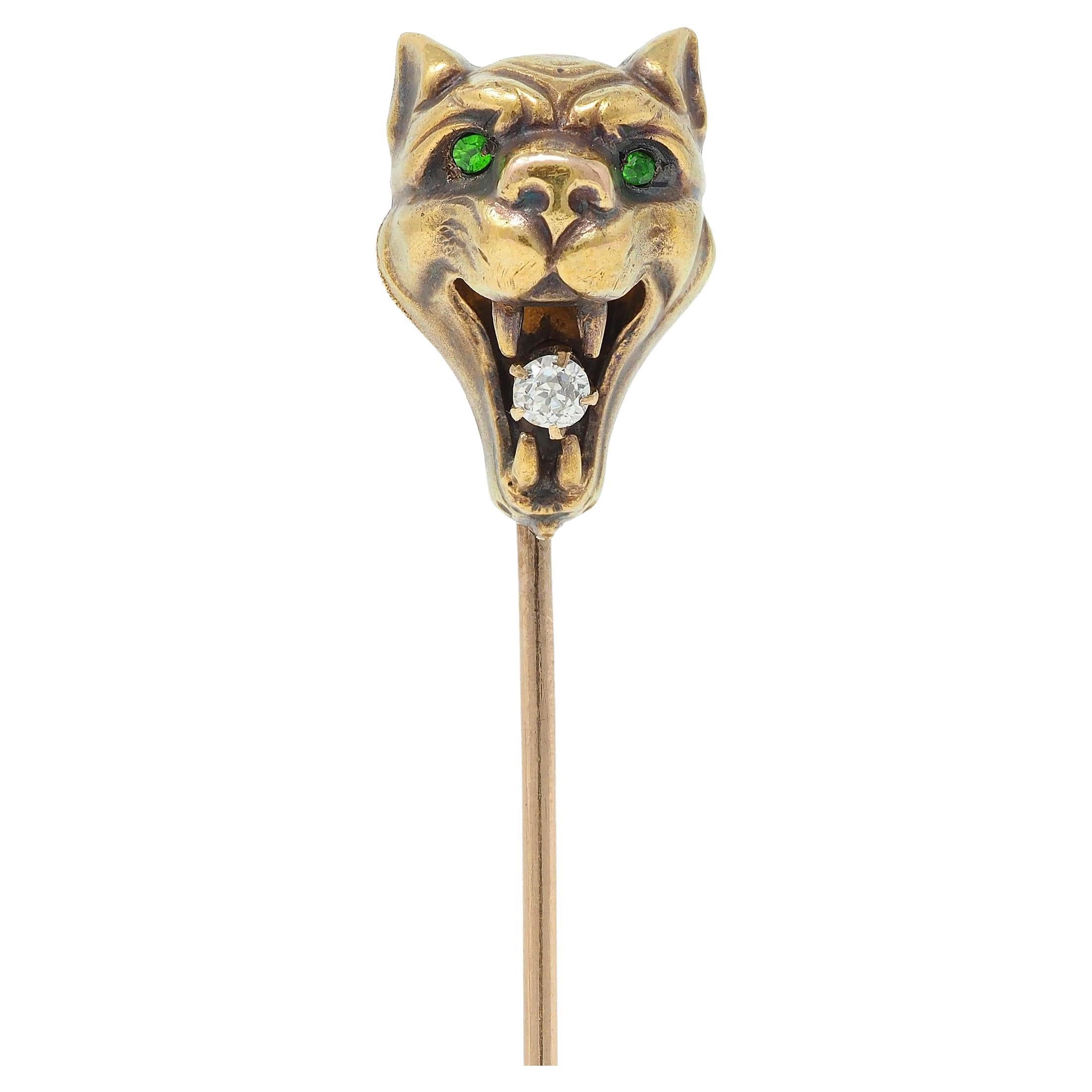 Art Nouveau Diamond Demantoid Garnet 14 Karat Yellow Gold Lion Antique Stickpin For Sale