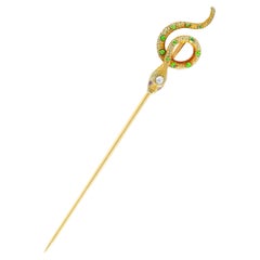 Art Nouveau Diamond Demantoid Garnet 18 Karat Gold Snake Stickpin
