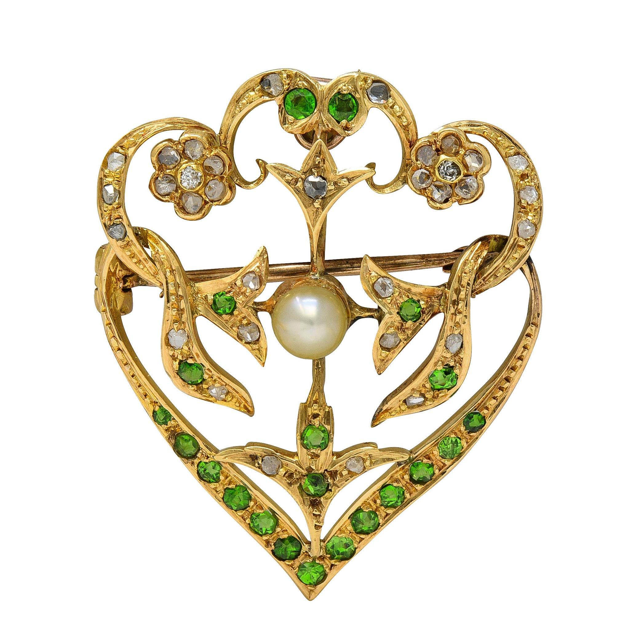 Round Cut Art Nouveau Diamond Demantoid Pearl 14K Gold Antique Foliate Pendant Brooch For Sale