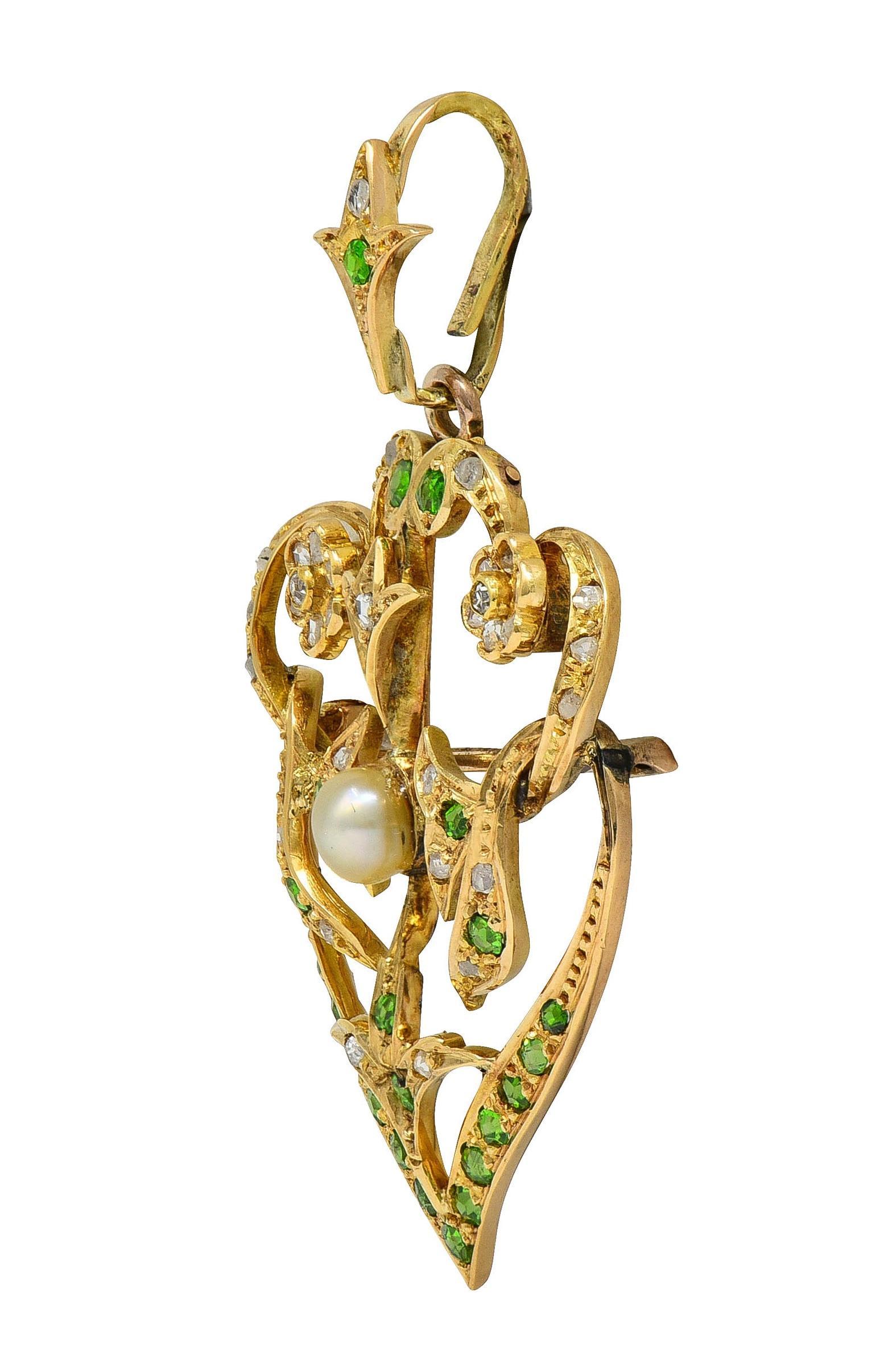 Art Nouveau Diamond Demantoid Pearl 14K Gold Antique Foliate Pendant Brooch In Excellent Condition For Sale In Philadelphia, PA