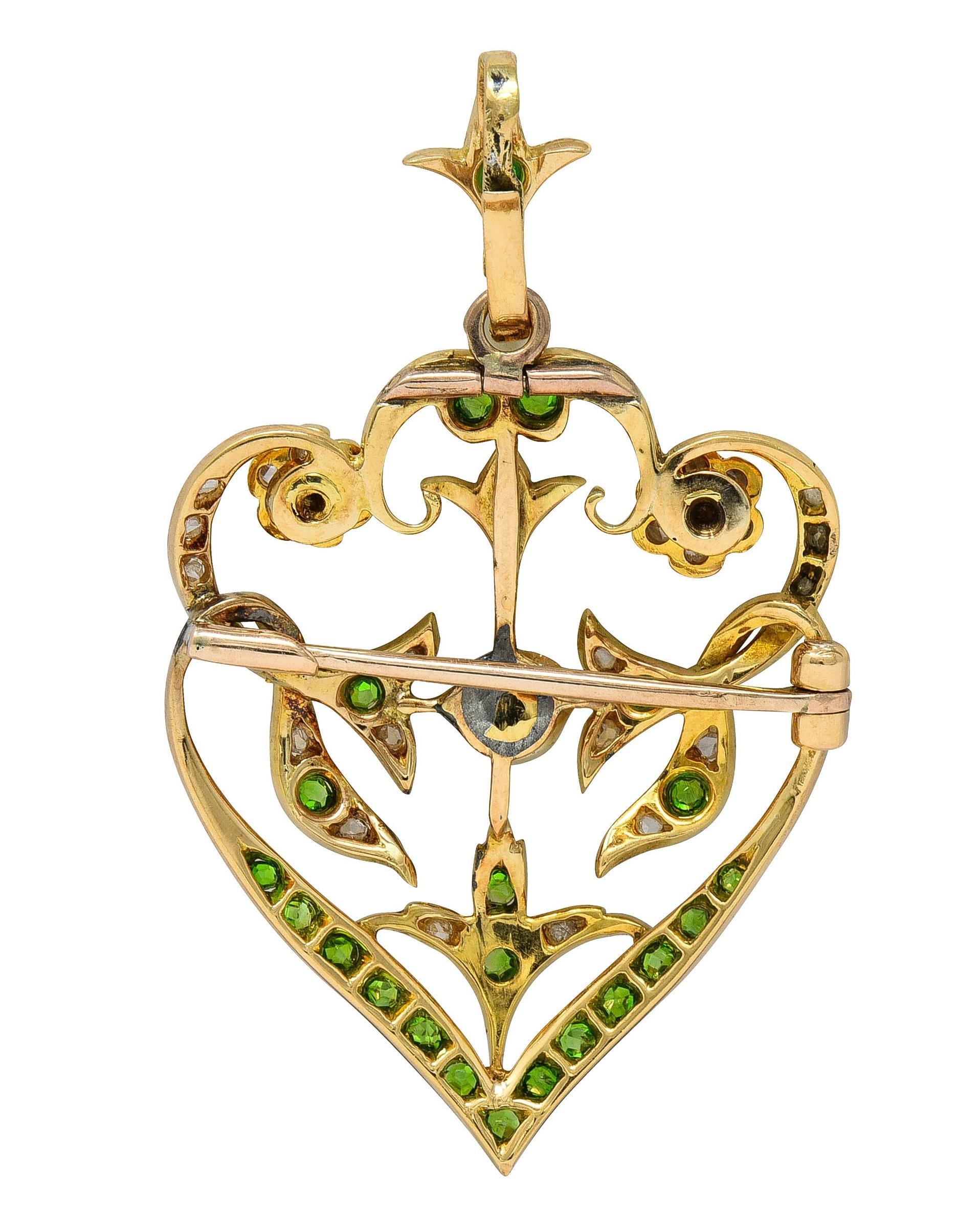 Women's or Men's Art Nouveau Diamond Demantoid Pearl 14K Gold Antique Foliate Pendant Brooch For Sale