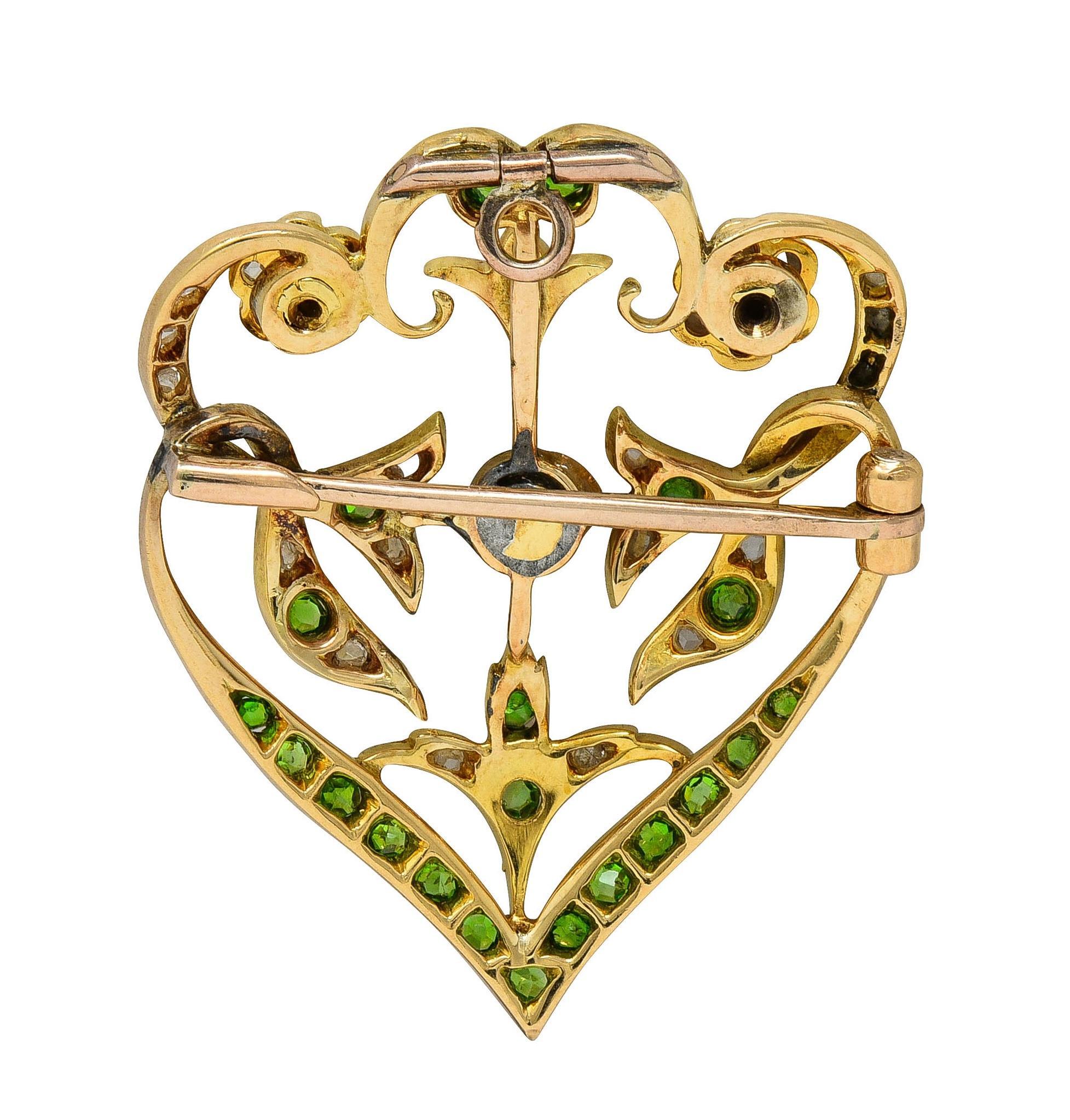 Art Nouveau Diamond Demantoid Pearl 14K Gold Antique Foliate Pendant Brooch For Sale 1
