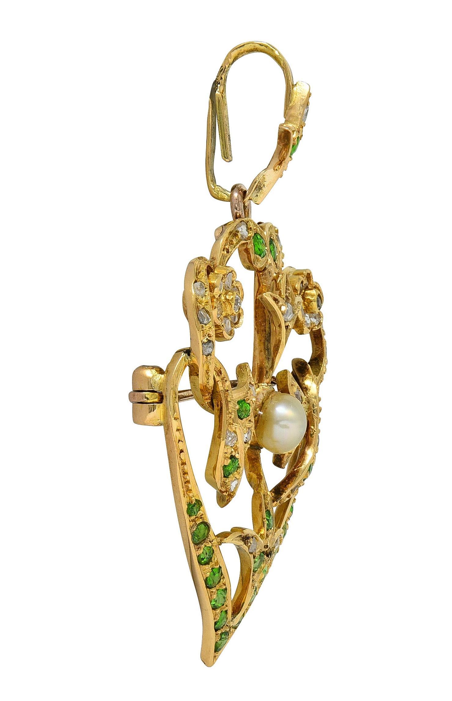 Art Nouveau Diamond Demantoid Pearl 14K Gold Antique Foliate Pendant Brooch For Sale 2
