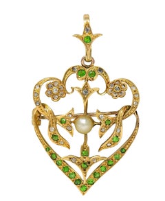Art Nouveau Diamante Perla Demantoide Oro 14K Antiguo Colgante Broche Foliado
