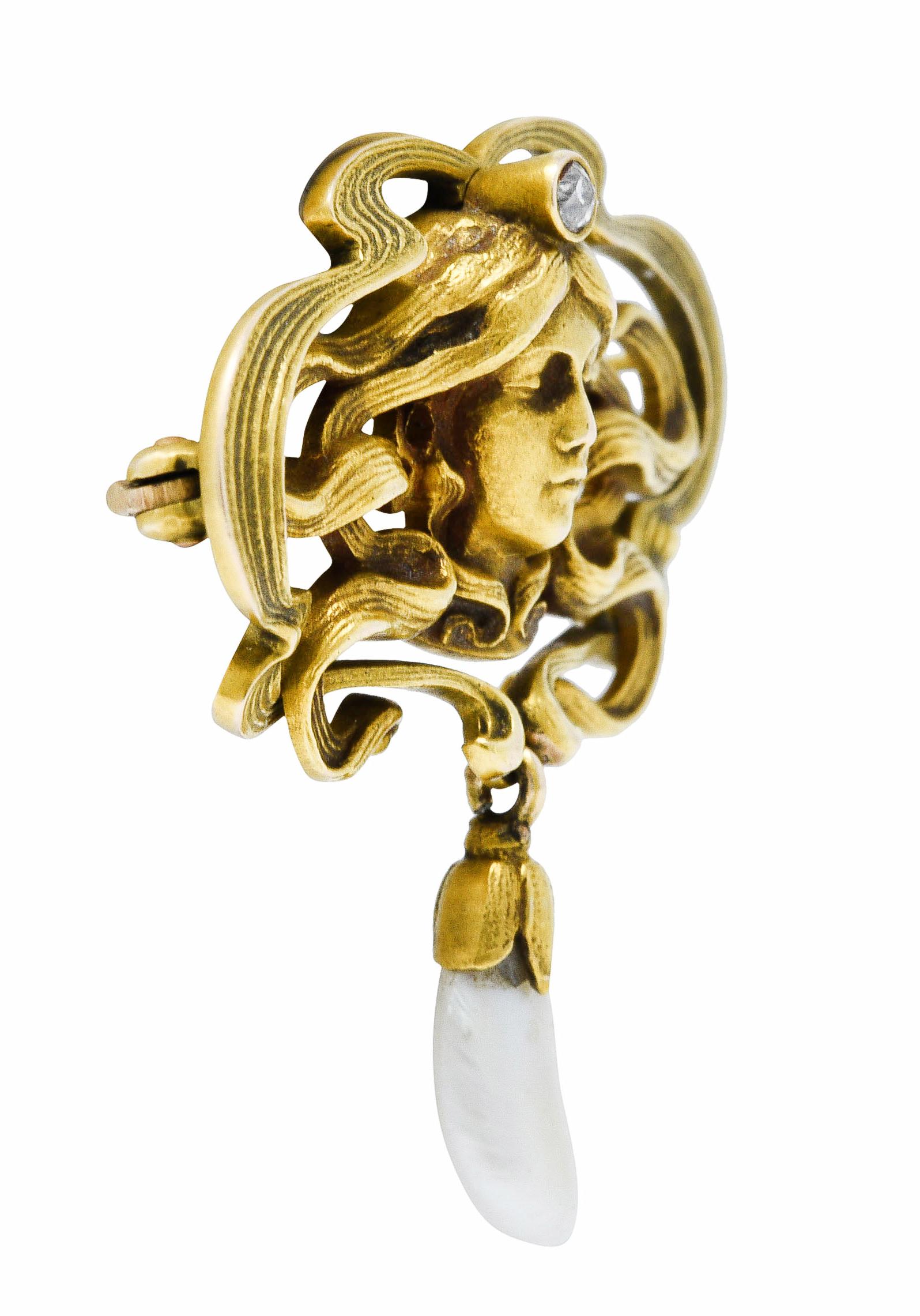 Old European Cut Art Nouveau Diamond Dogtooth Pearl 14 Karat Gold Goddess Brooch