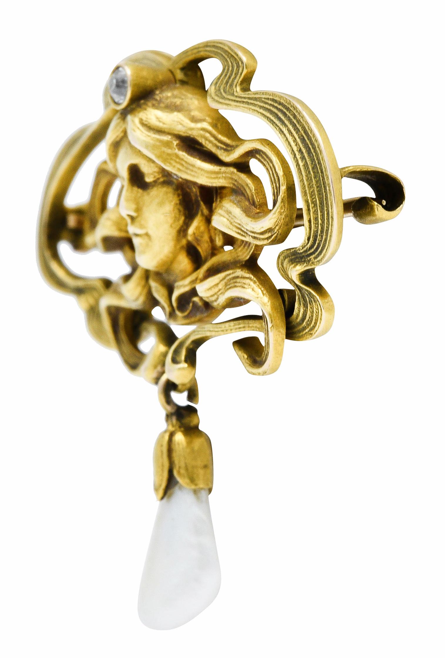 Women's or Men's Art Nouveau Diamond Dogtooth Pearl 14 Karat Gold Goddess Brooch