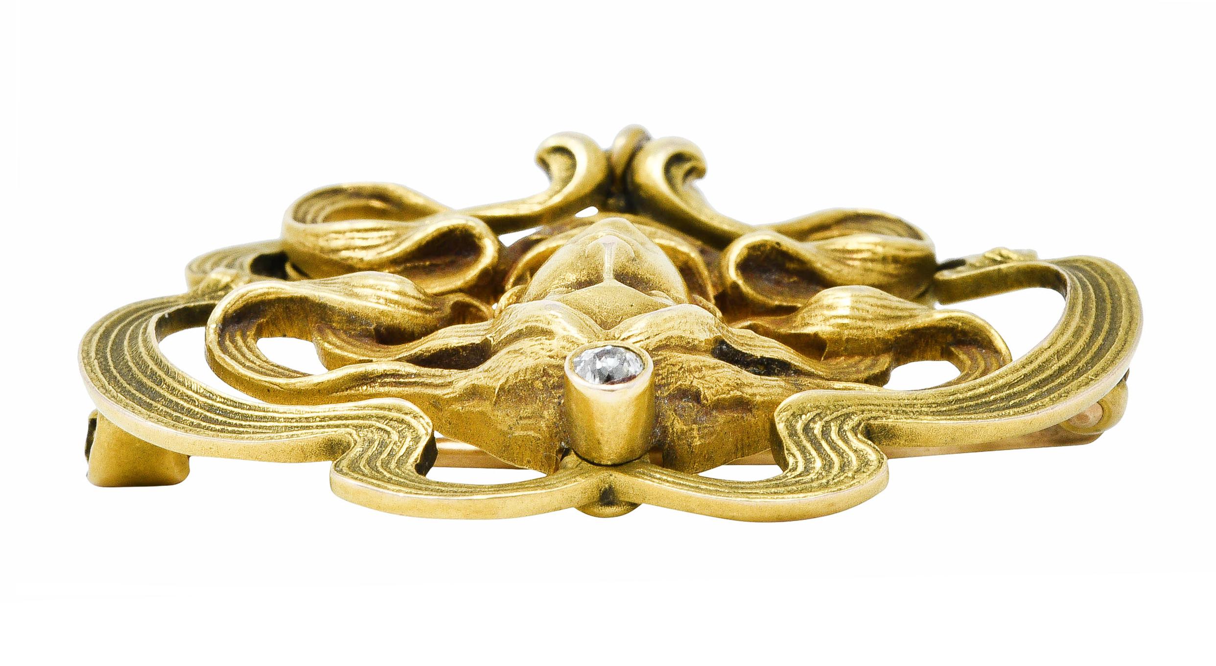 Art Nouveau Diamond Dogtooth Pearl 14 Karat Gold Goddess Brooch 1