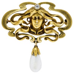 Art Nouveau Diamond Dogtooth Pearl 14 Karat Gold Goddess Brooch