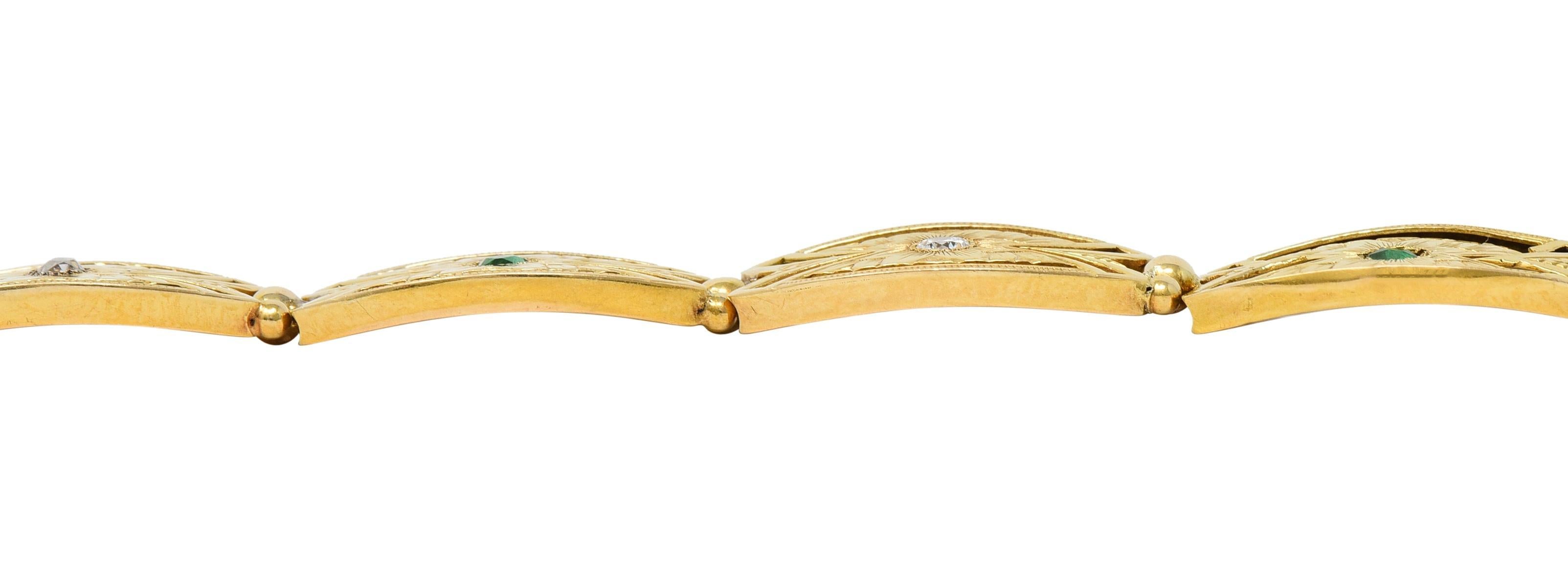 Art Nouveau Diamond Emerald 14 Karat Yellow Gold Floral Navette Link Bracelet For Sale 5