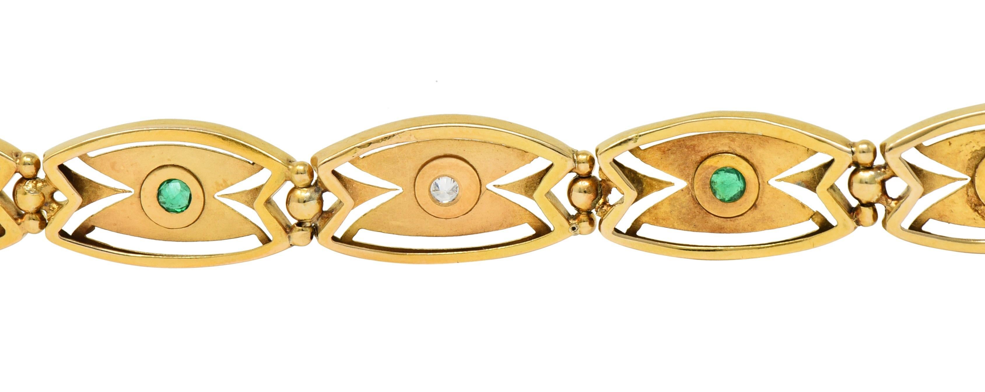 Art Nouveau Diamond Emerald 14 Karat Yellow Gold Floral Navette Link Bracelet For Sale 6