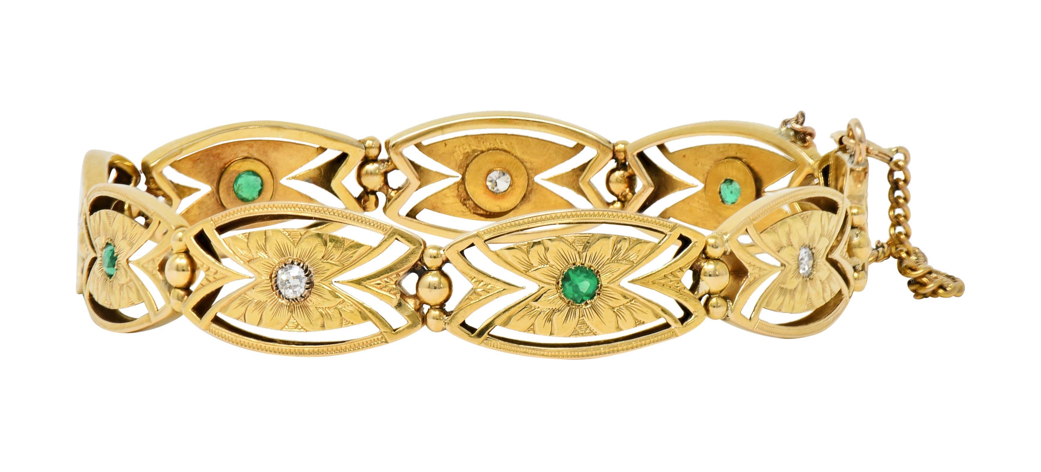 Art Nouveau Diamond Emerald 14 Karat Yellow Gold Floral Navette Link Bracelet For Sale 7