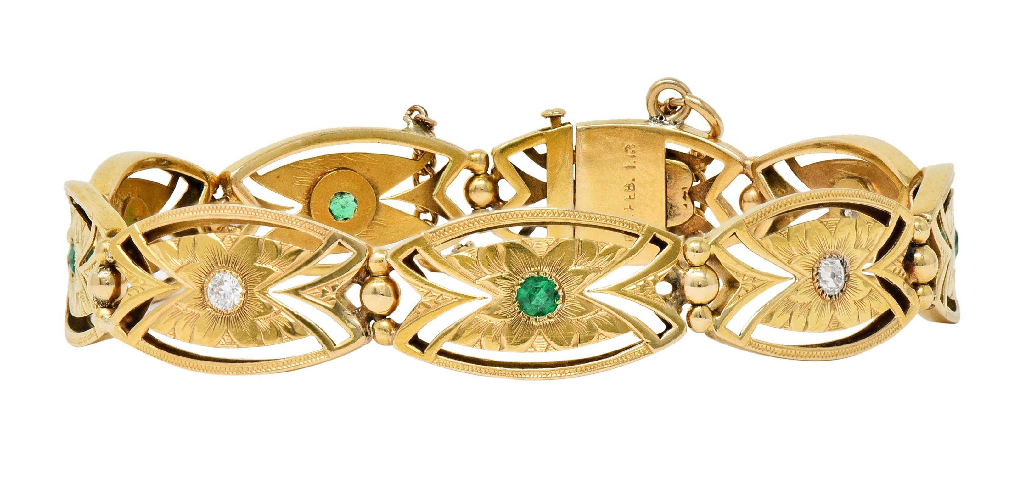 Round Cut Art Nouveau Diamond Emerald 14 Karat Yellow Gold Floral Navette Link Bracelet For Sale