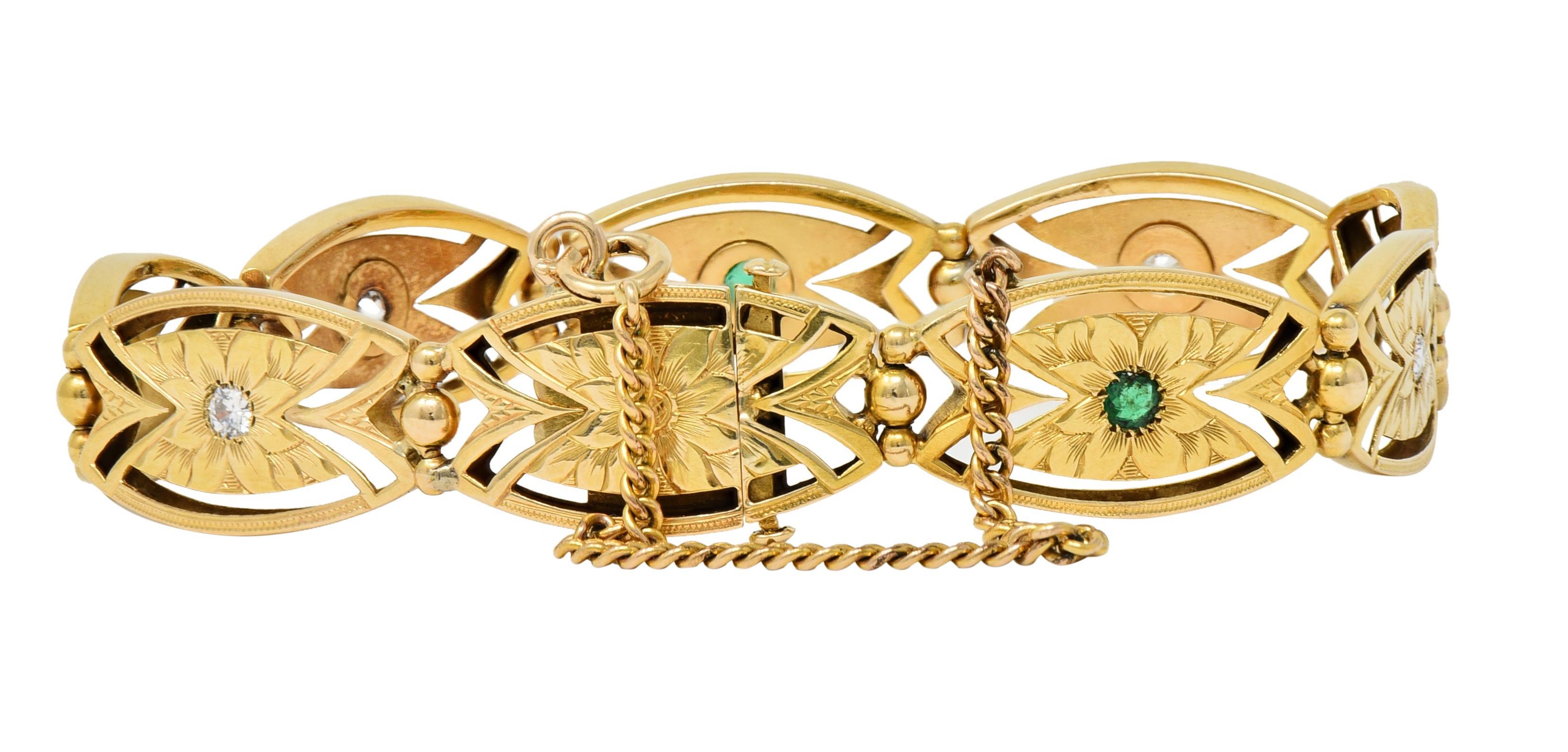 Art Nouveau Diamond Emerald 14 Karat Yellow Gold Floral Navette Link Bracelet In Excellent Condition For Sale In Philadelphia, PA