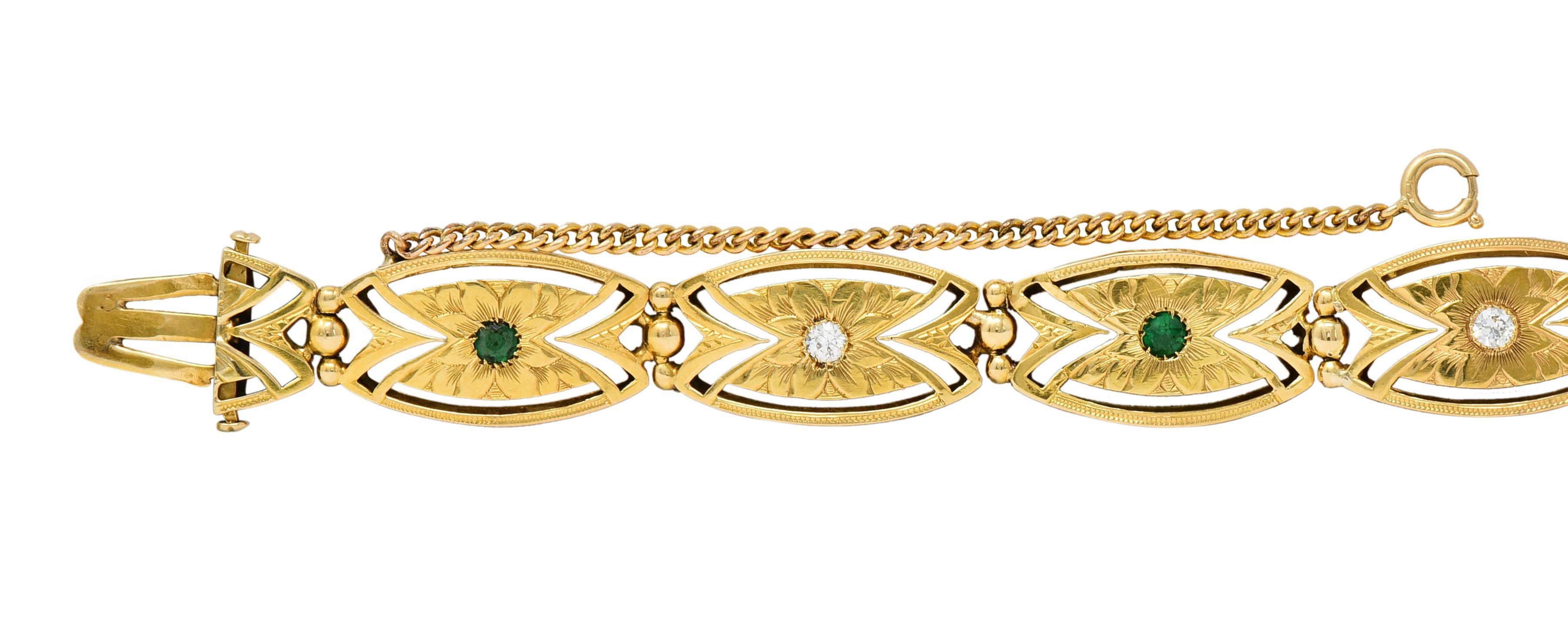 Women's or Men's Art Nouveau Diamond Emerald 14 Karat Yellow Gold Floral Navette Link Bracelet For Sale