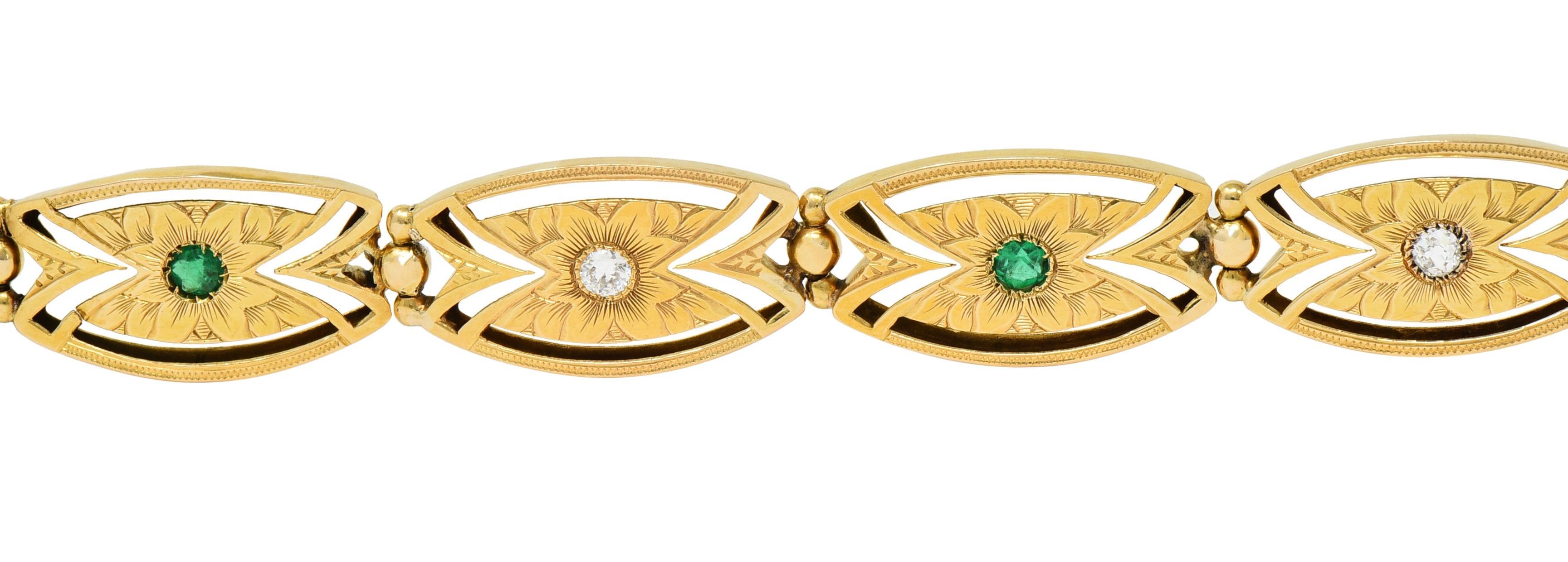 Art Nouveau Diamond Emerald 14 Karat Yellow Gold Floral Navette Link Bracelet For Sale 1