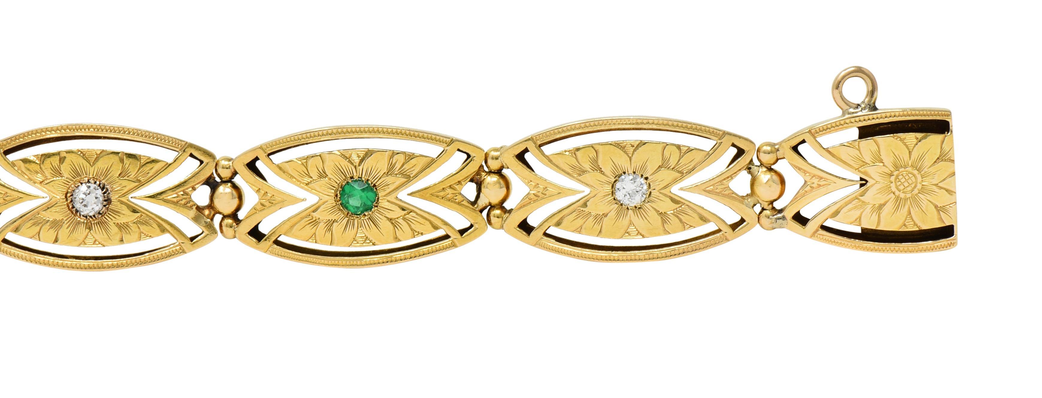 Art Nouveau Diamond Emerald 14 Karat Yellow Gold Floral Navette Link Bracelet For Sale 2