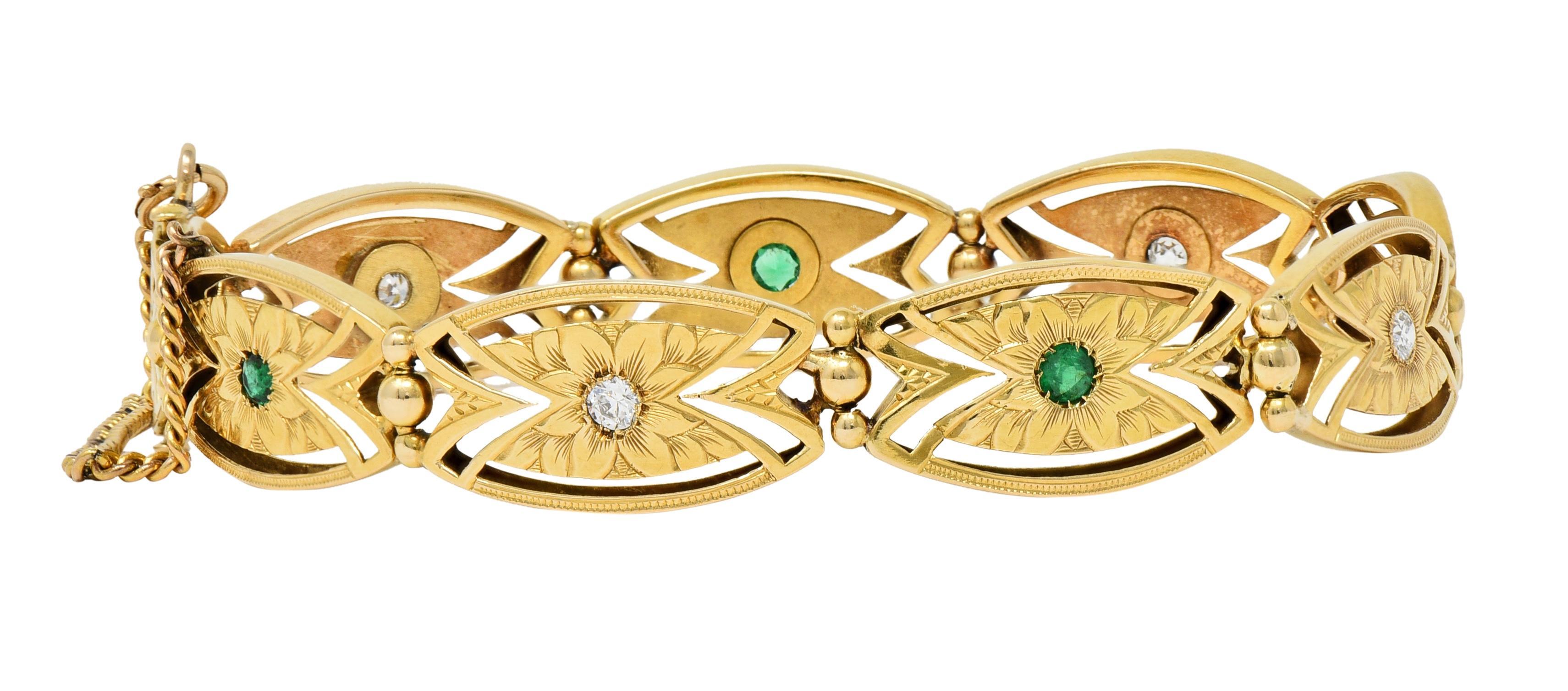 Art Nouveau Diamond Emerald 14 Karat Yellow Gold Floral Navette Link Bracelet For Sale 3