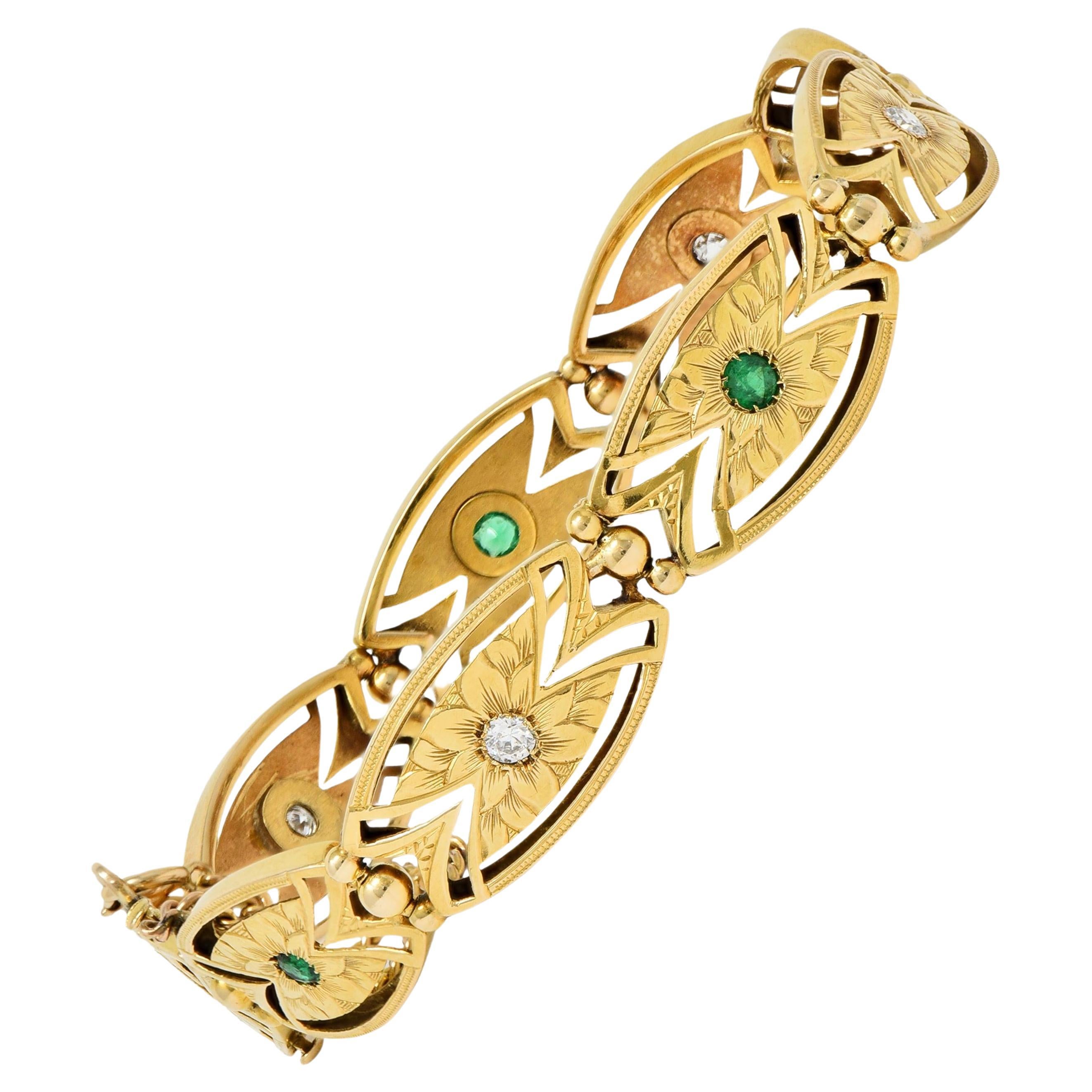 Art Nouveau Diamond Emerald 14 Karat Yellow Gold Floral Navette Link Bracelet For Sale
