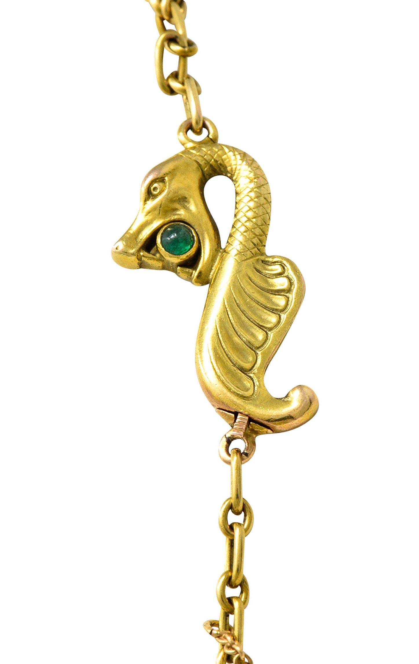 Jugendstil Schlangenhalskette, Diamant Smaragd Emaille Perle 14 Karat Gold 4