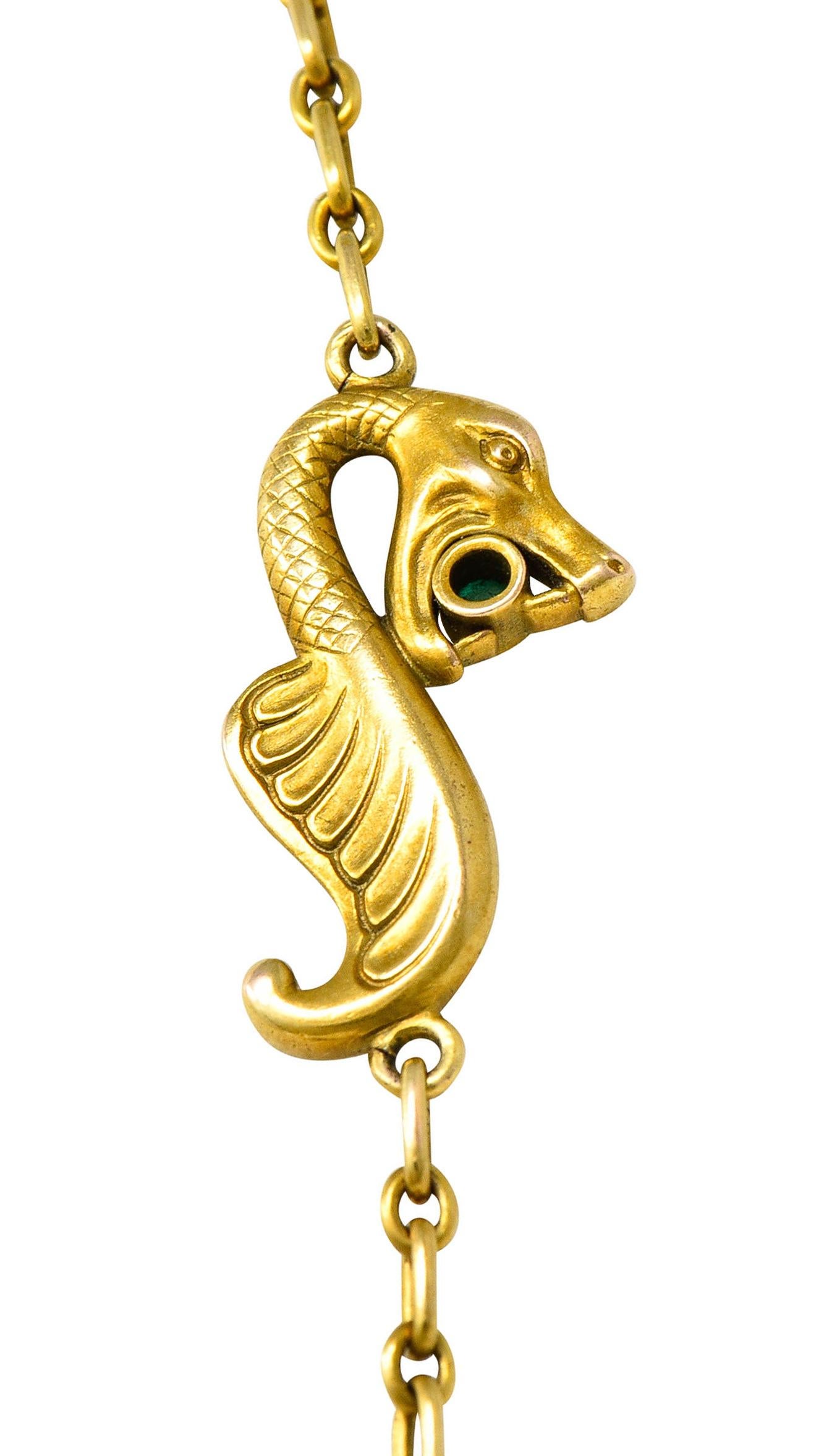 Jugendstil Schlangenhalskette, Diamant Smaragd Emaille Perle 14 Karat Gold im Angebot 5